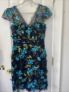 Navy Midi Dress with Teal Floral Embroidery